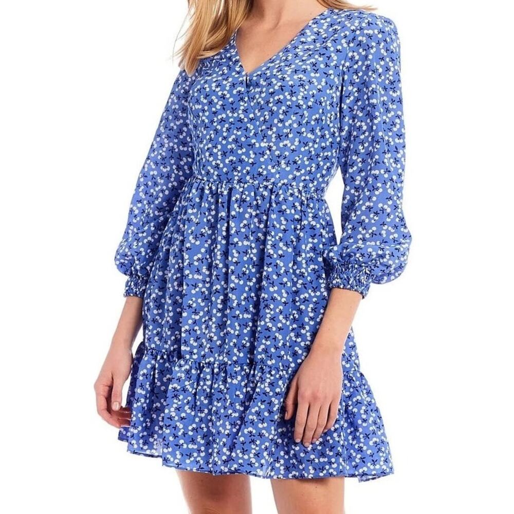 Eliza J Dress White Cherry  Long Sleeve Fit Flare Mini Pepper Blue NWT 4